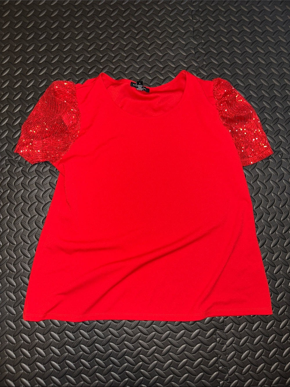 Red Sequin Sleeve Short Sleeve Top - Women